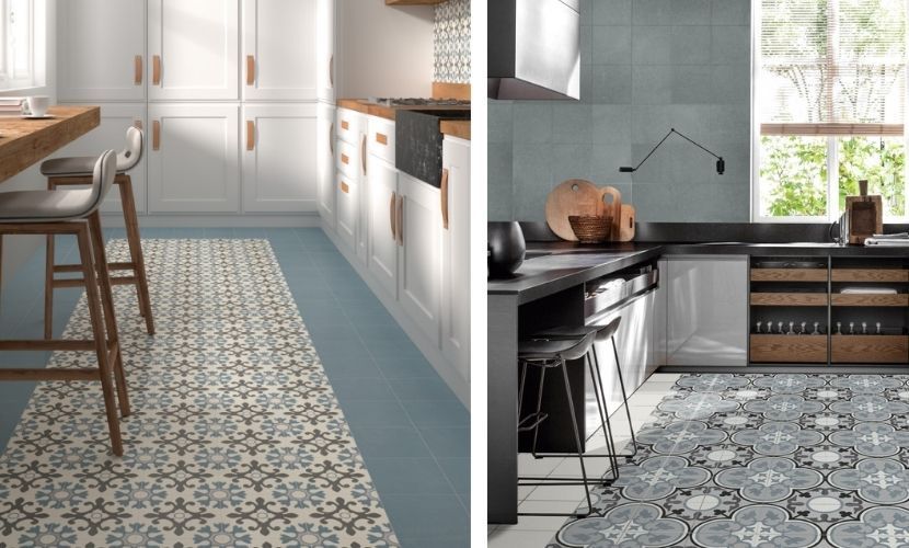 Dos diseños de cocina con suelos de baldosas estampadas. Uno presenta armarios blancos, detalles de madera y suelo azul. El otro tiene paredes y encimeras grises.