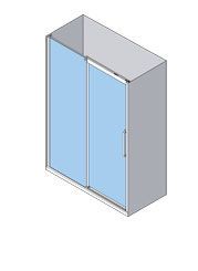 Vista isométrica de una cabina de ducha gris con puertas corredizas de vidrio; el interior tiene color azul claro.