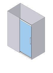 Vista isométrica de una cabina de ducha con puerta corrediza de vidrio. El interior es azul.