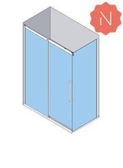 Vista isométrica de una puerta de ducha corrediza de vidrio azul dentro de un marco plateado.