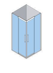 Vista isométrica de una cabina de ducha de esquina con puertas de vidrio y techo gris.