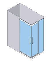 Vista isométrica de una cabina de ducha con puertas de vidrio azul y marco gris, instalada en una esquina.