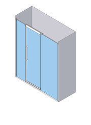 Vista isométrica de una cabina de ducha gris con puertas corredizas de vidrio.