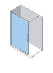 Ilustración isométrica de una puerta corrediza de ducha de vidrio en un nicho de paredes grises. El vidrio es azul.