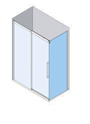 Vista isométrica de una cabina de ducha con puerta corrediza de vidrio y panel decorativo azul.