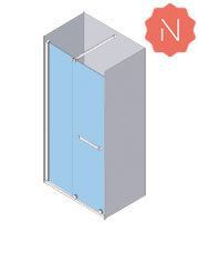 Vista isométrica de una puerta de ducha de vidrio azul con marco plateado, manija de puerta y soporte superior.