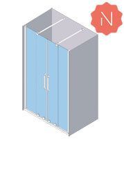 Vista isométrica de una cabina de ducha con puertas de vidrio azul y un ícono 