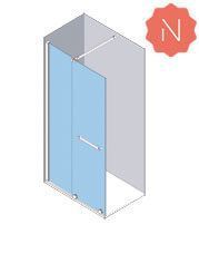 Vista isométrica de una cabina de ducha con una sola puerta de vidrio; puerta azul, marco plateado, ícono 