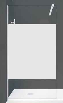 Cabina de ducha con panel de cristal esmerilado y base blanca, sobre pared gris oscuro.