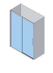 Puerta de ducha corrediza de vidrio con marco gris. Dos paneles de vidrio azul, uno con tirador.