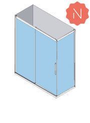 Vista isométrica de una mampara de ducha de vidrio azul con puerta corredera. Una placa roja con una 