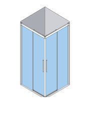 Vista isométrica de una cabina de ducha de esquina con puertas de vidrio y techo gris.