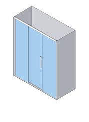 Vista isométrica de una cabina de ducha rectangular con puertas corredizas de vidrio, tinte azul y marco plateado.