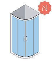 Mampara de ducha de esquina curva con puertas de cristal, interior azul y placa 