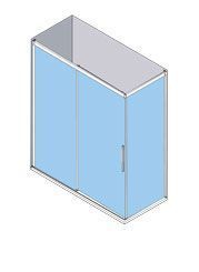 Vista isométrica de una cabina de ducha rectangular con puertas corredizas de vidrio.