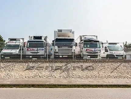 Cinco caminhões frigoríficos estacionados; 