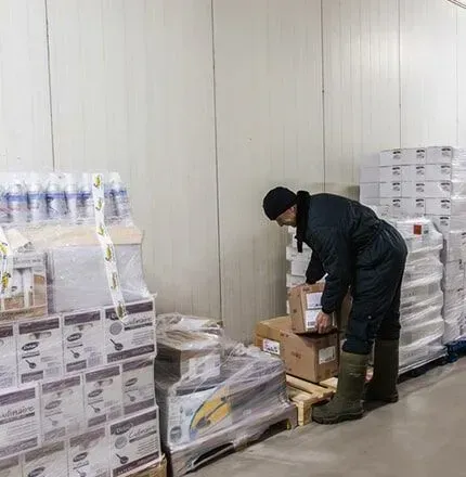 Uma pessoa usando chapéu preto e macacão empilha caixas em um palete dentro de um armazém frigorífico.