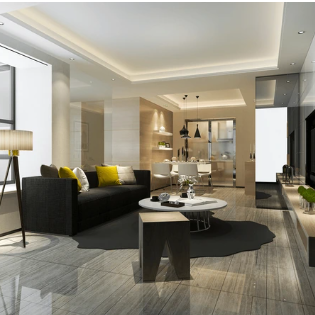 Sala de estar moderna con sofá negro, mesa de centro redonda, detalles en amarillo y zona de comedor en tonos neutros suaves.