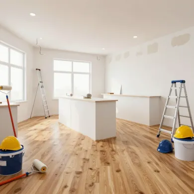 Cocina luminosa sin terminar con suelos de madera, armarios blancos, escaleras y cubos de pintura durante la reforma.