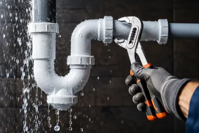 Apretando a mano una conexión de tubería con una llave inglesa en una tubería de PVC gris, goteando agua por debajo.