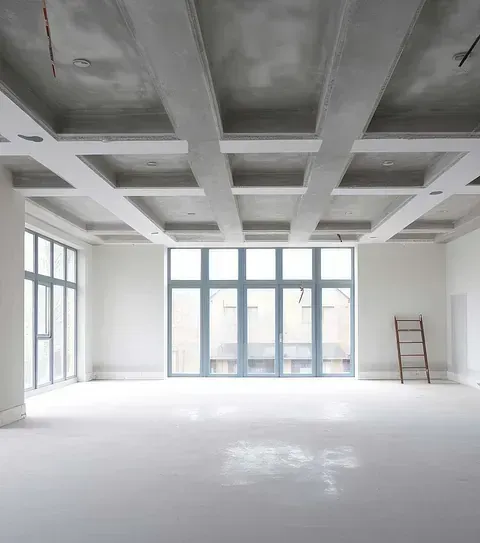 Habitación vacía con grandes ventanales y vigas de hormigón decorativas en el techo, construcción sin terminar.