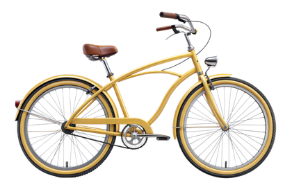 Un vélo jaune avec une selle marron.
