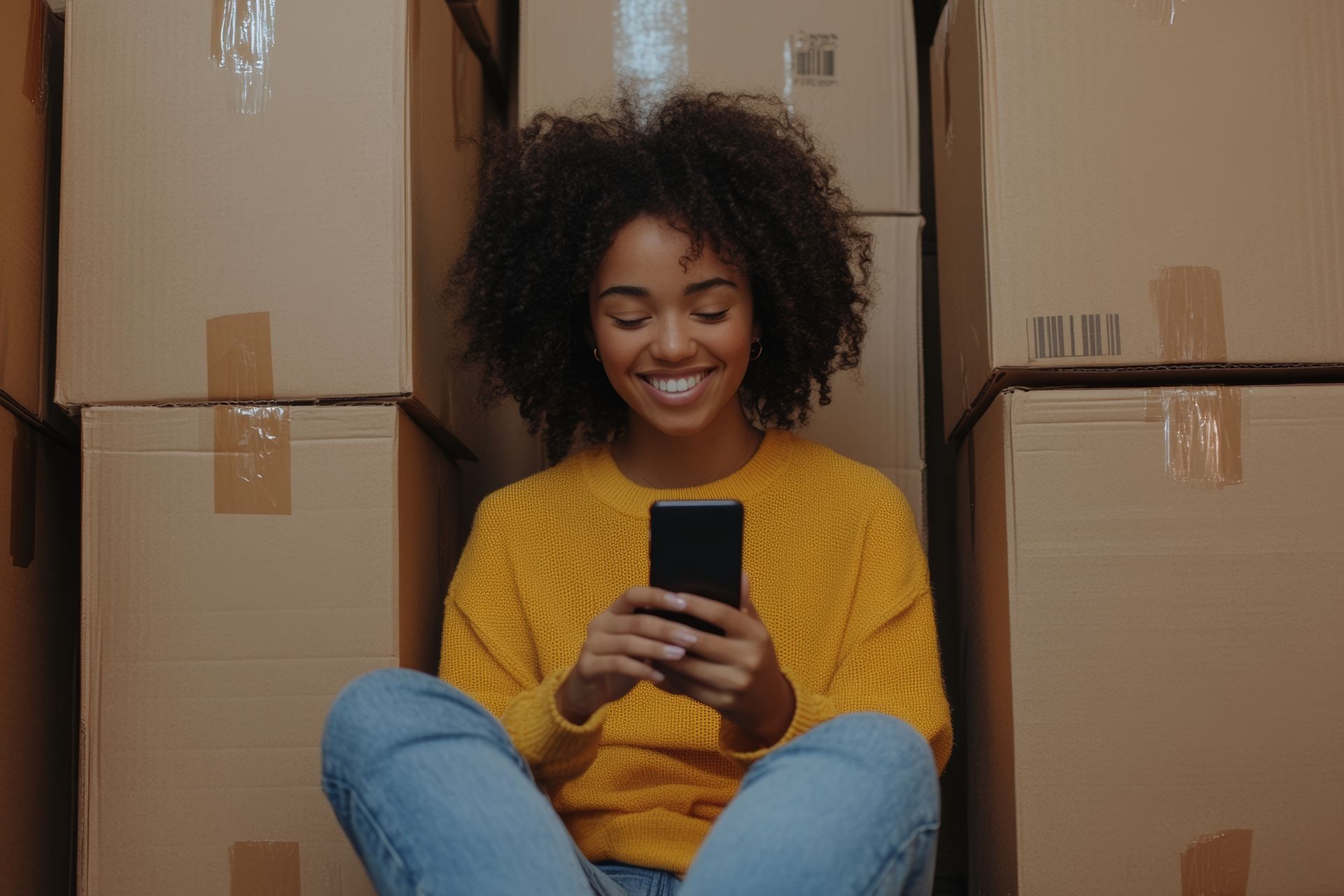 Une femme heureuse sur son portable pendant un déménagement