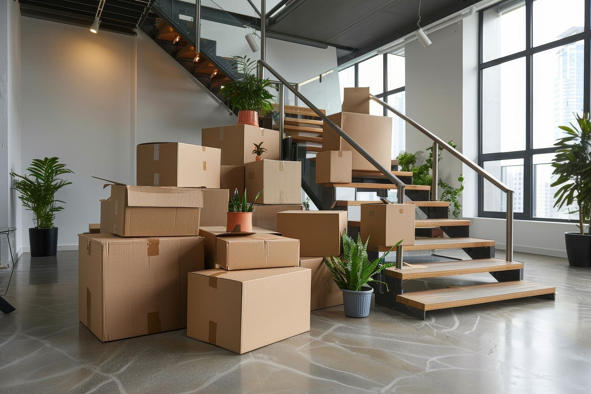 Plusieurs cartons entassés au pied d’un escalier, avec des plantes