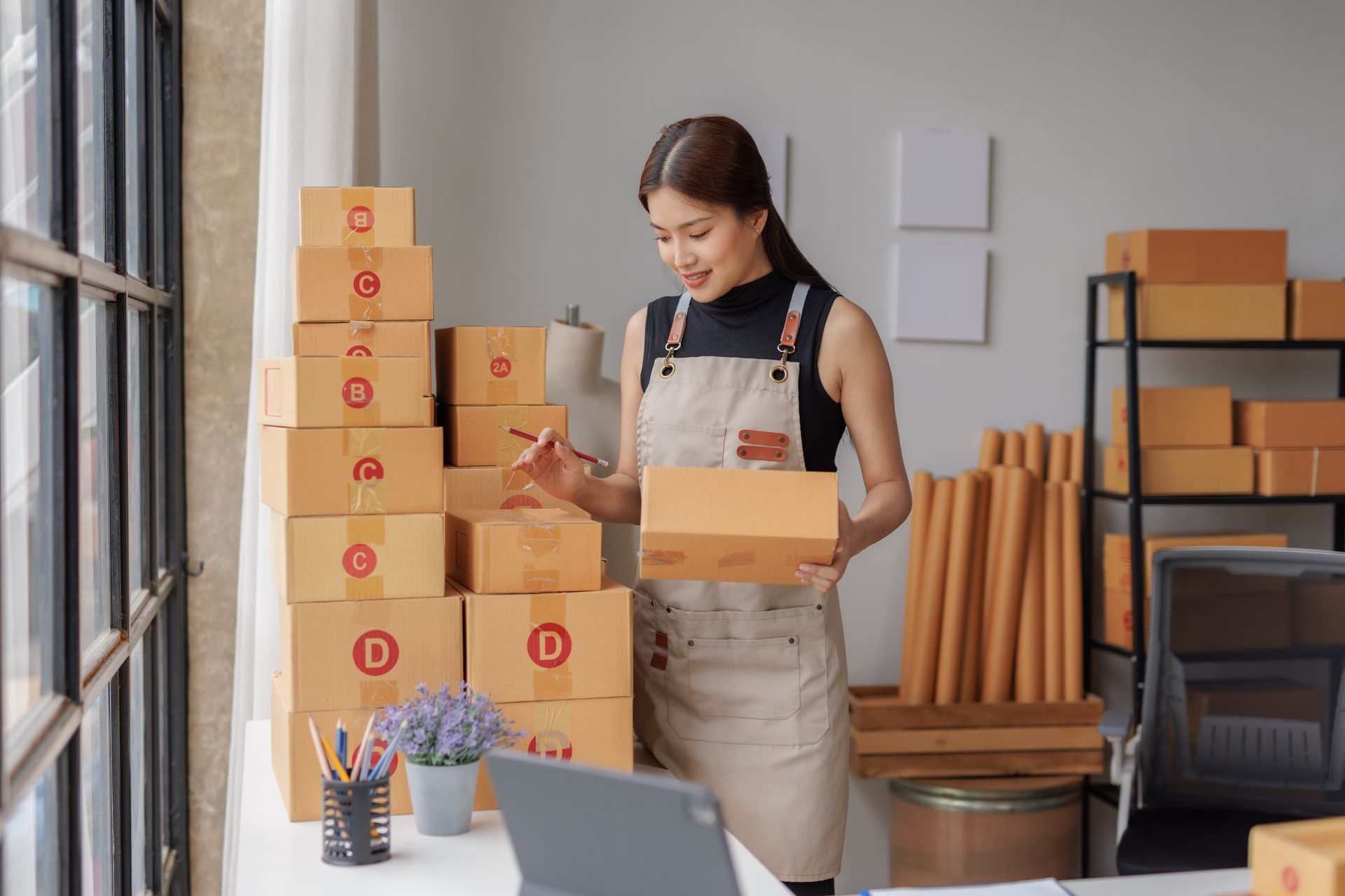 Une femme qui compte les cartons dans son bureau