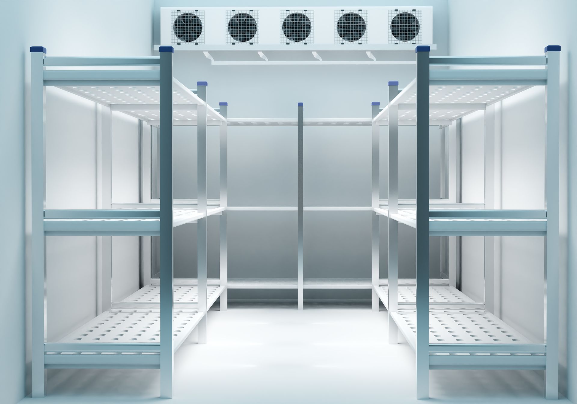 Chambre froide avec étagères en acier.