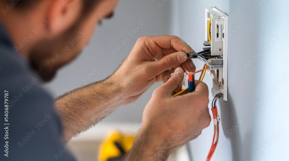 Un électricien effectue le câblage d'une prise murale à l'aide d'un tournevis, à l'intérieur.