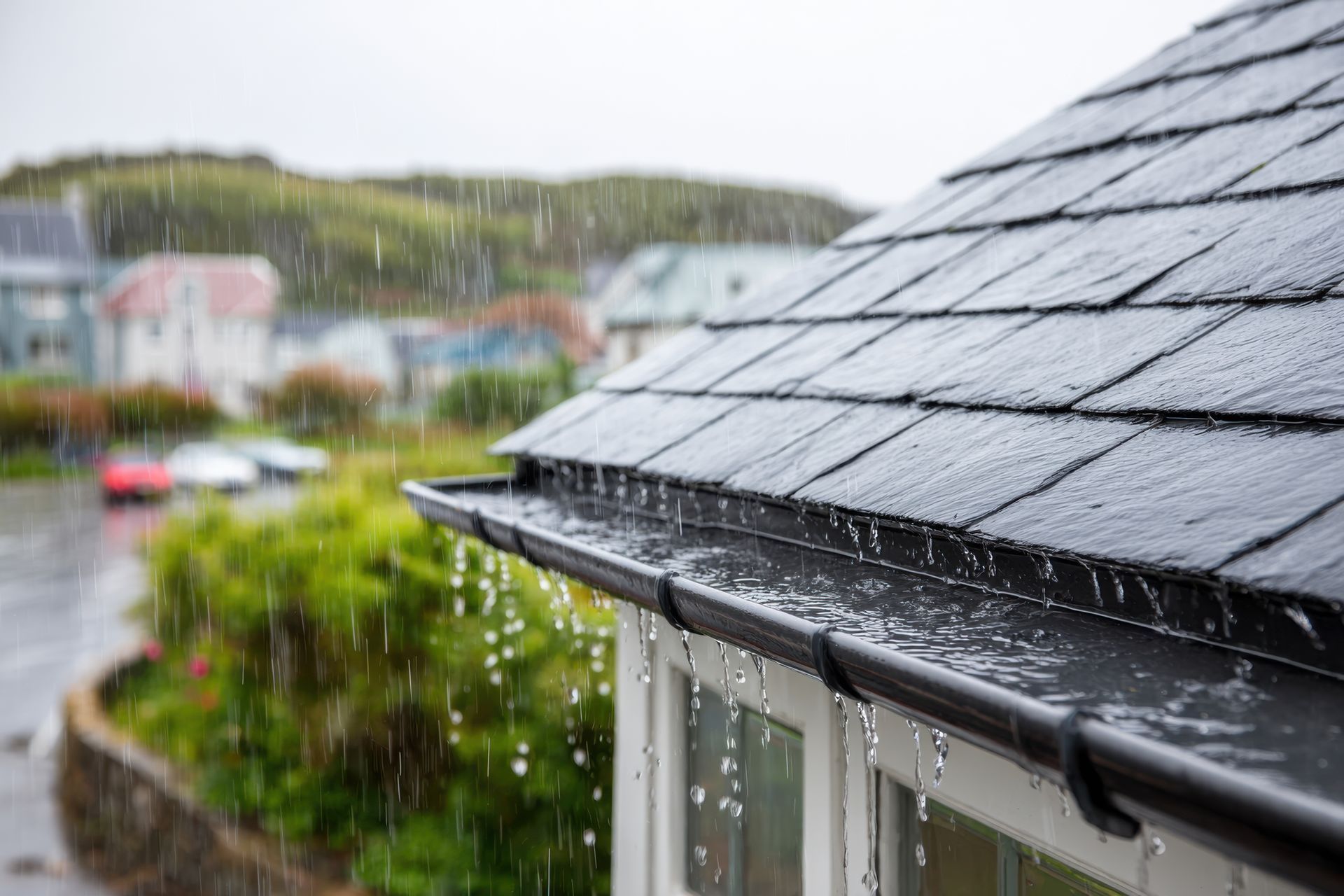 Pluie tombant sur un toit gris foncé aux gouttières noires ; quartier en arrière-plan.