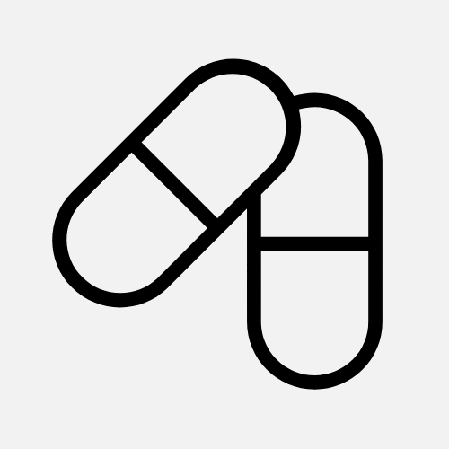 Un icono en blanco y negro de dos píldoras sobre un fondo blanco.