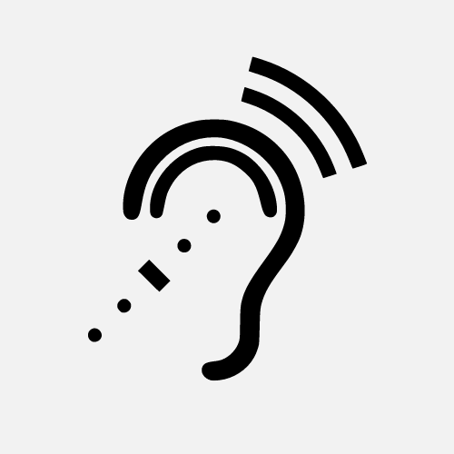 Un icono en blanco y negro de una oreja con ondas saliendo de ella.