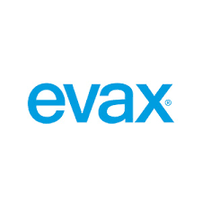 El logotipo de Evax es azul y blanco sobre un fondo blanco.