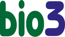 Un logotipo verde y morado para bio3 sobre un fondo blanco.