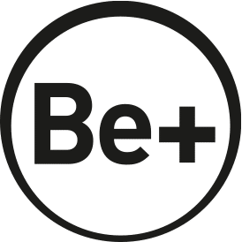 Un logotipo en blanco y negro que dice be + en un círculo