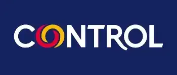 El logotipo de control está sobre un fondo azul.