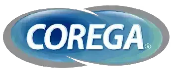 El logotipo de Corega es un óvalo azul con letras blancas sobre fondo blanco.