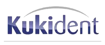Un logotipo azul y gris para kukident sobre un fondo blanco.
