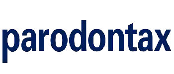 El logotipo de parodontax es azul y blanco sobre un fondo blanco.