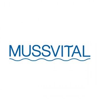 Un logotipo azul de Mussvital sobre un fondo blanco.