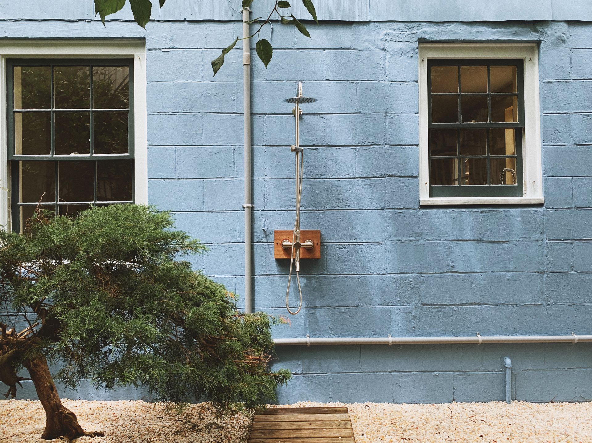 A blue building with two windows and a tree in front of it