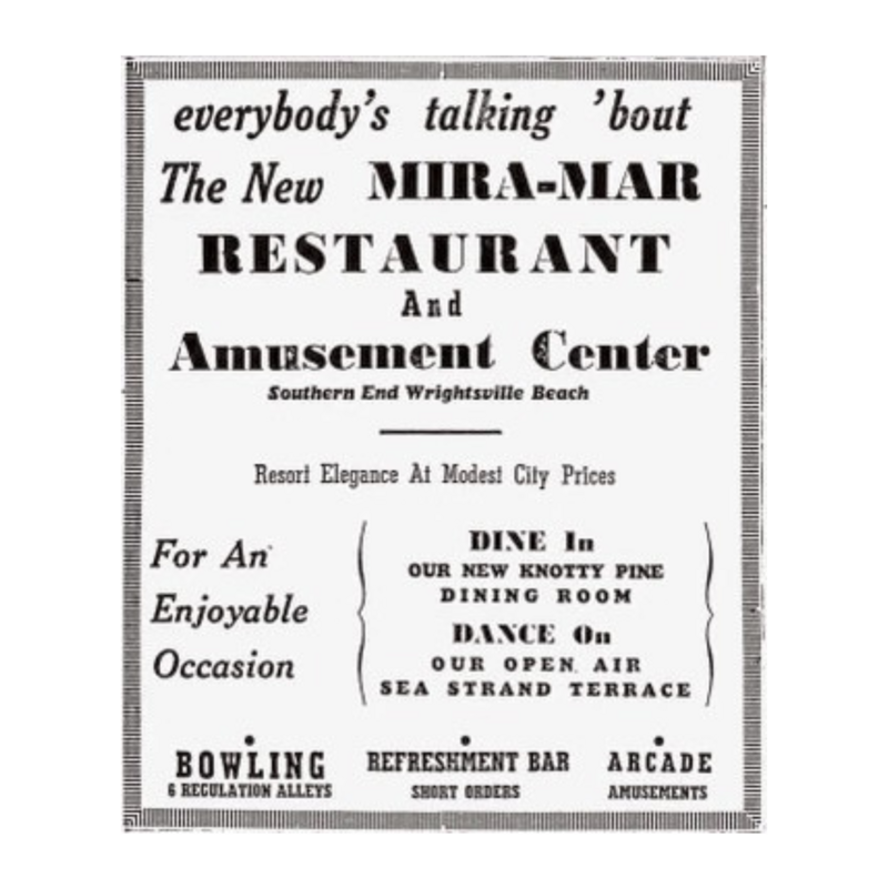 An advertisement for the mira-mar restaurant and amusement center