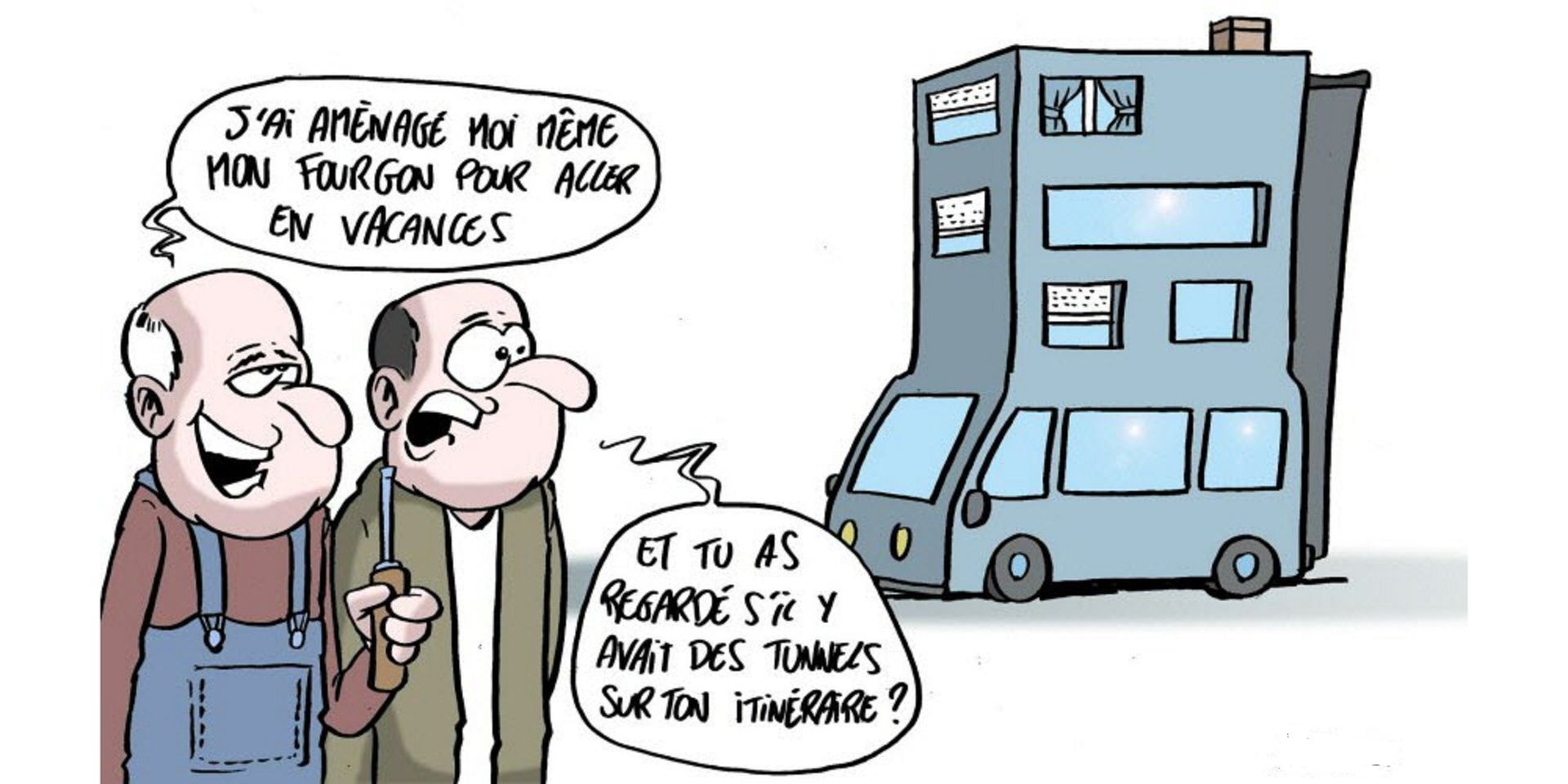 Dessin avec deux personnages en train de discuter sur un camping-car