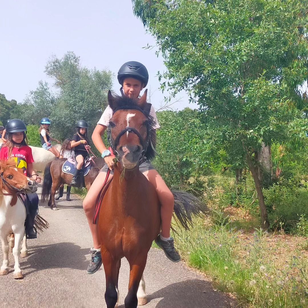 Un grupo de personas monta a caballo por un camino de tierra.
