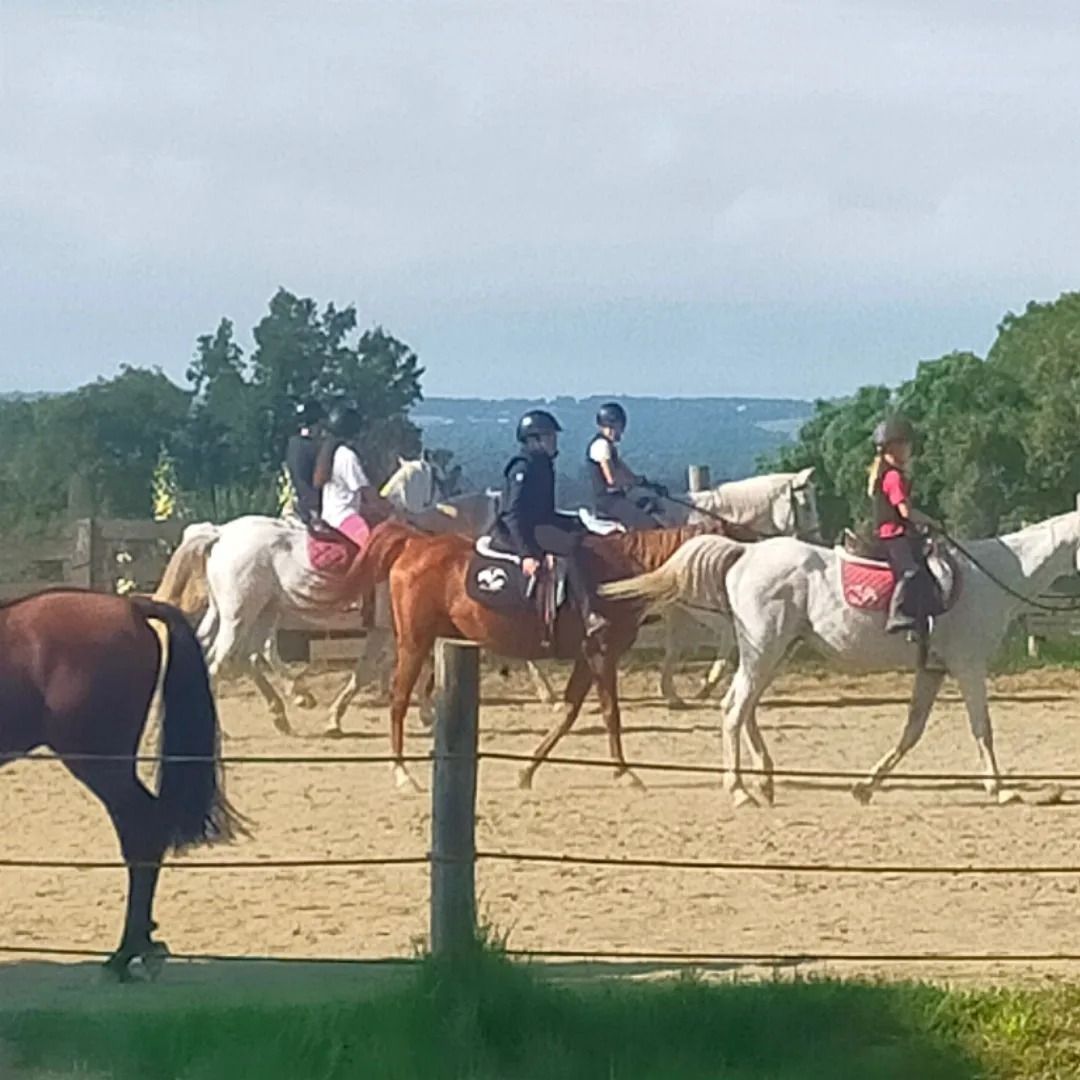 Un grupo de personas monta a caballo en un campo de tierra.