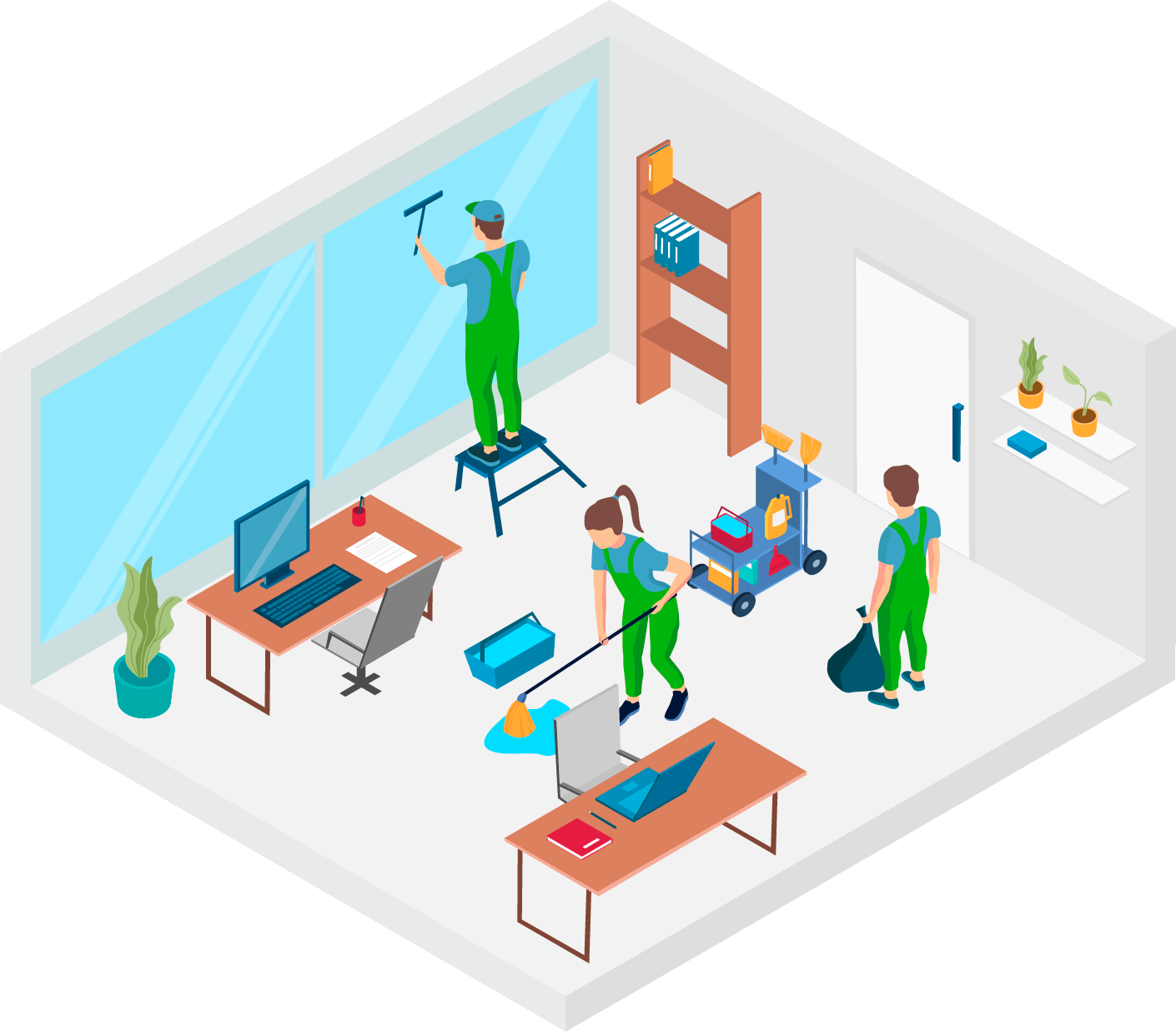 Illustration représentant le nettoyage d'un bureau