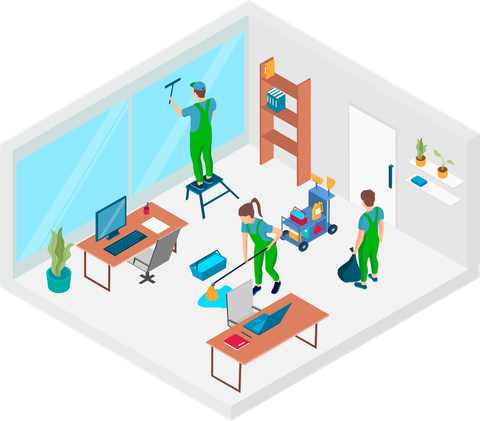 Illustration représentant le nettoyage d'un bureau