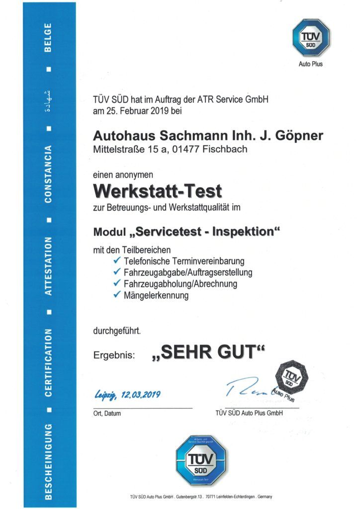 Autohaus Sachmann Meisterbetrieb der KFZ-Innung Inh. Jörg Göpner Zertifikat